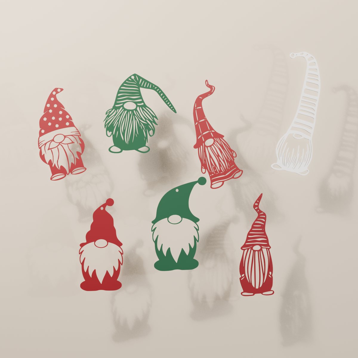 Pack de siete gnomos de filigrana en rojo, verde y blanco